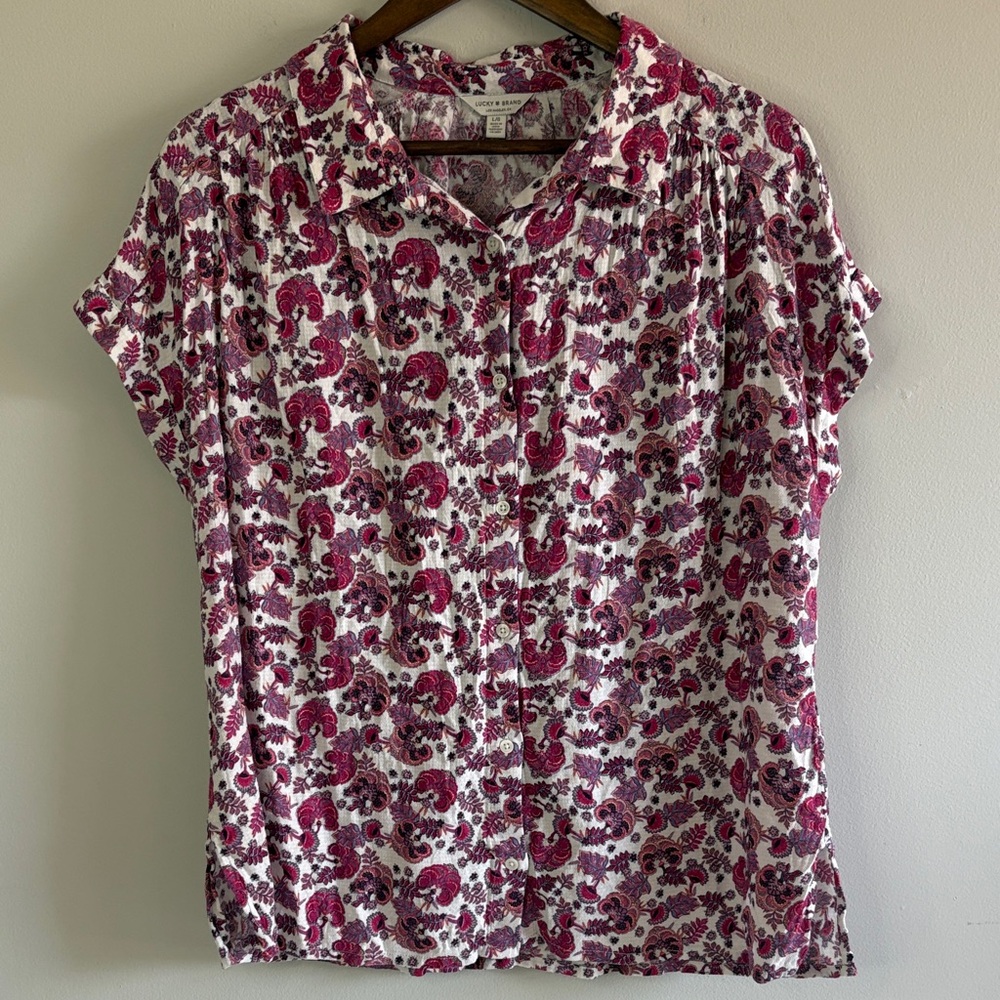 Lucky Brand Floral Button Up Blouse Boho Short Sleeve Size Large